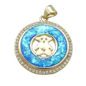Copper Circle Pendant Pave Blue Fire Opal Zircon Bear 18K Gold Plated, approx 22mm