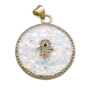 Copper Circle Pendant Pave White Fire Opal Zircon Hamsahand 18K Gold Plated, approx 25mm