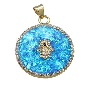 Copper Circle Pendant Pave Blue Fire Opal Zircon Hamsahand 18K Gold Plated, approx 25mm