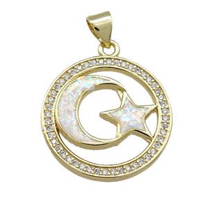 Copper Moon And Star Pendant Pave White Fire Opal Zircon Circle 18K Gold Plated, approx 21mm