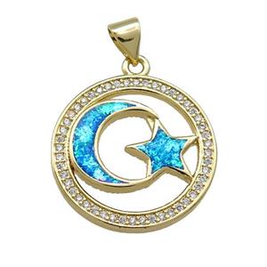 Copper Moon And Star Pendant Pave Blue Fire Opal Zircon Circle 18K Gold Plated, approx 21mm