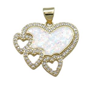 Copper Heart Pendant Pave White Fire Opal Zircon 18K Gold Plated, approx 20-22mm