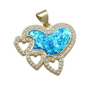 Copper Heart Pendant Pave Blue Fire Opal Zircon 18K Gold Plated, approx 20-22mm