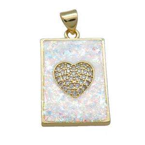 Copper Rectangle Pendant Pave White Fire Opal Zircon Heart 18K Gold Plated, approx 16-21mm
