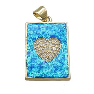 Copper Rectangle Pendant Pave Blue Fire Opal Zircon Heart 18K Gold Plated, approx 16-21mm