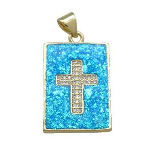 Copper Rectangle Pendant Pave Blue Fire Opal Zircon Cross 18K Gold Plated, approx 16-21mm