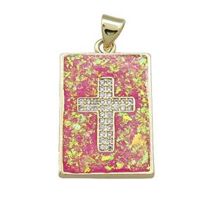 Copper Rectangle Pendant Pave Red Fire Opal Zircon Cross 18K Gold Plated, approx 16-21mm