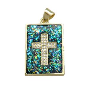 Copper Rectangle Pendant Pave Green Fire Opal Zircon Cross 18K Gold Plated, approx 16-21mm