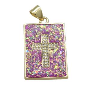 Copper Rectangle Pendant Pave Fire Opal Zircon Cross 18K Gold Plated, approx 16-21mm