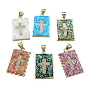 Copper Rectangle Pendant Pave Fire Opal Zircon Cross 18K Gold Plated Mixed, approx 16-21mm