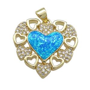 Copper Heart Pendant Pave Blue Fire Opal Zircon 18K Gold Plated, approx 23mm