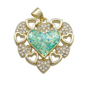 Copper Heart Pendant Pave Green Fire Opal Zircon 18K Gold Plated, approx 23mm
