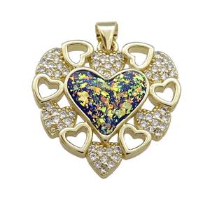 Copper Heart Pendant Pave Fire Opal Zircon 18K Gold Plated, approx 23mm