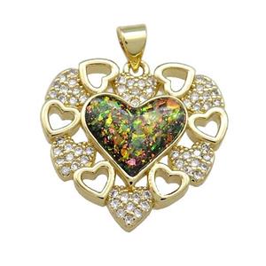 Copper Heart Pendant Pave Multicolor Fire Opal Zircon 18K Gold Plated, approx 23mm