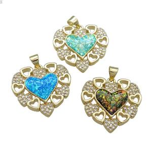Copper Heart Pendant Pave Fire Opal Zircon 18K Gold Plated Mixed, approx 23mm