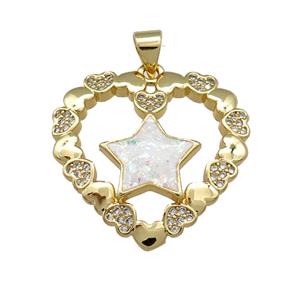Copper Heart Pendant Pave White Fire Opal Zircon Star 18K Gold Plated, approx 24mm