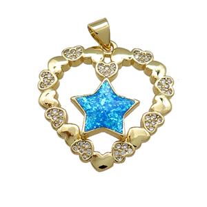 Copper Heart Pendant Pave Blue Fire Opal Zircon Star 18K Gold Plated, approx 24mm