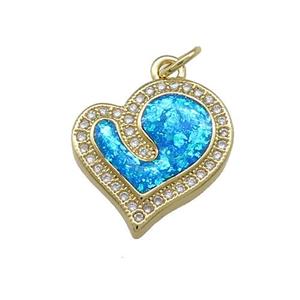 Copper Heart Pendant Pave Blue Fire Opal Zircon 18K Gold Plated, approx 16-17mm