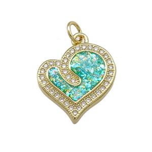 Copper Heart Pendant Pave Green Fire Opal Zircon 18K Gold Plated, approx 16-17mm