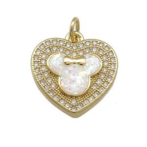 Copper Heart Pendant Pave White Fire Opal Zircon 18K Gold Plated, approx 16.5mm