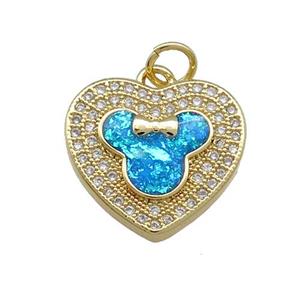 Copper Heart Pendant Pave Blue Fire Opal Zircon 18K Gold Plated, approx 16.5mm