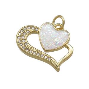 Copper Heart Pendant Pave White Fire Opal Zircon 18K Gold Plated, approx 16-18mm