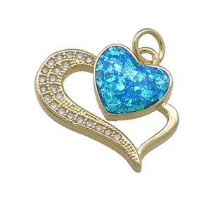 Copper Heart Pendant Pave Blue Fire Opal Zircon 18K Gold Plated, approx 16-18mm