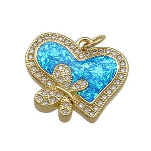 Copper Heart Pendant Pave Blue Fire Opal Zircon Butterfly 18K Gold Plated, approx 18mm