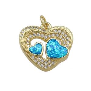 Copper Heart Pendant Pave Blue Fire Opal Zircon 18K Gold Plated, approx 18mm