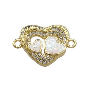 Copper Heart Connector Pave White Fire Opal Zircon 18K Gold Plated, approx 18mm
