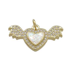 Angel Wings Charms Copper Heart Pendant Pave White Fire Opal Zircon 18K Gold Plated, approx 12-24mm