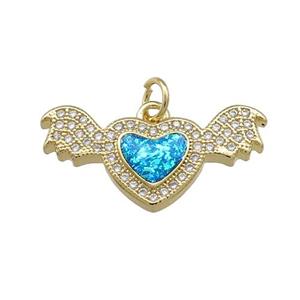 Angel Wings Charms Copper Heart Pendant Pave Blue Fire Opal Zircon 18K Gold Plated, approx 12-24mm