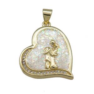 Copper Heart Pendant Pave White Fire Opal Zircon Couple 18K Gold Plated, approx 21mm