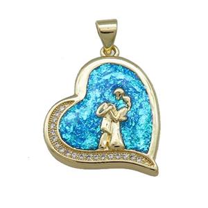 Copper Heart Pendant Pave Blue Fire Opal Zircon Couple 18K Gold Plated, approx 21mm