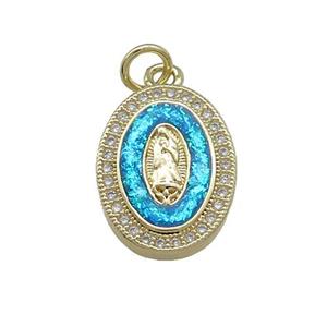 Copper Oval Pendant Pave Blue Fire Opal Virgin Mary Charms 18K Gold Plated, approx 13-17mm