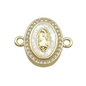 Copper Oval Connector Pave White Fire Opal Virgin Mary Charms 18K Gold Plated, approx 13-17mm
