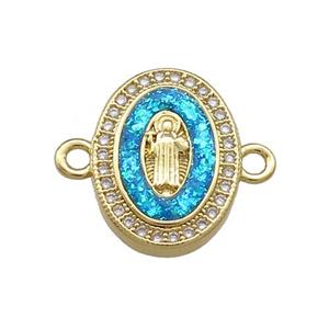 Copper Oval Connector Pave Blue Fire Opal Virgin Mary Charms 18K Gold Plated, approx 13-17mm