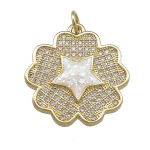 Copper Flower Pendant Pave White Fire Opal Zircon Star 18K Gold Plated, approx 20mm