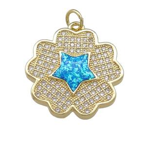 Copper Flower Pendant Pave Blue Fire Opal Zircon Star 18K Gold Plated, approx 20mm