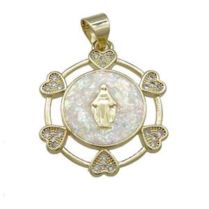 Virgin Mary Charms Copper Pendant Pave White Fire Opal Zircon Heart 18K Gold Plated, approx 20mm