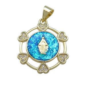 Virgin Mary Charms Copper Pendant Pave Blue Fire Opal Zircon Heart 18K Gold Plated, approx 20mm