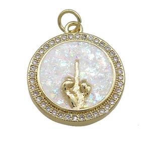 Copper Circle Pendant Pave White Fire Opal Zircon Hand 18K Gold Plated, approx 18mm