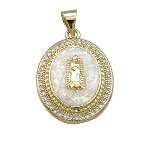 Jesus Charms Copper Oval Pendant Pave White Fire Opal Zircon Medal 18K Gold Plated, approx 17-20mm