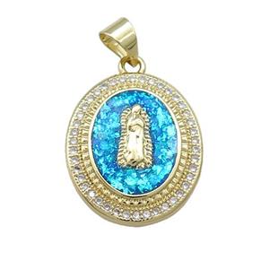 Jesus Charms Copper Oval Pendant Pave Blue Fire Opal Zircon Medal 18K Gold Plated, approx 17-20mm