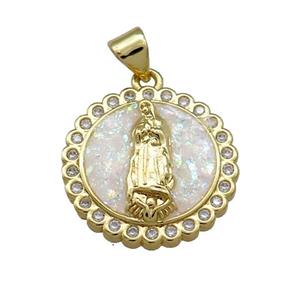 Virgin Mary Charms Copper Circle Pendant Pave White Fire Opal Zircon Medal 18K Gold Plated, approx 19mm