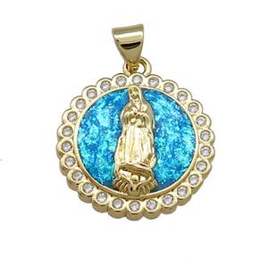 Virgin Mary Charms Copper Circle Pendant Pave Blue Fire Opal Zircon Medal 18K Gold Plated, approx 19mm