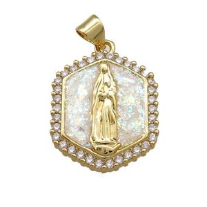 Virgin Mary Charms Copper Hexagon Pendant Pave White Fire Opal Zircon 18K Gold Plated, approx 18-21mm