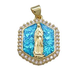 Virgin Mary Charms Copper Hexagon Pendant Pave Blue Fire Opal Zircon 18K Gold Plated, approx 18-21mm