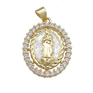 Virgin Mary Charms Copper Oval Pendant Pave White Fire Opal Zircon 18K Gold Plated, approx 18-21mm