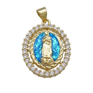 Virgin Mary Charms Copper Oval Pendant Pave Blue Fire Opal Zircon 18K Gold Plated, approx 18-21mm